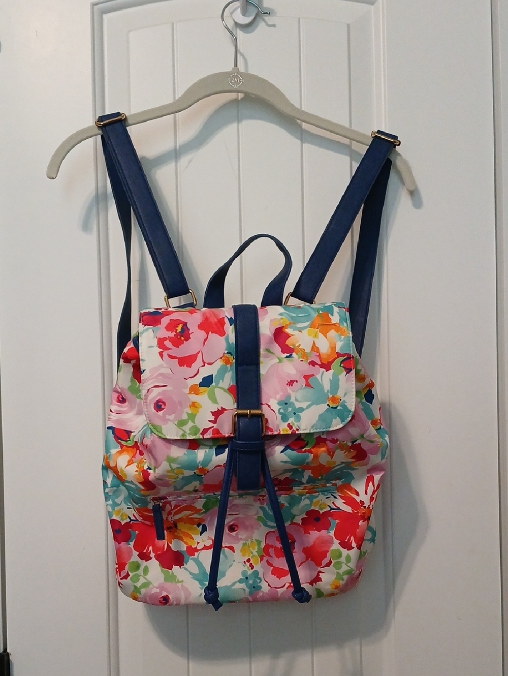 PUNCTUATE Floral Print Drawstring Backpack with Navy Accents
